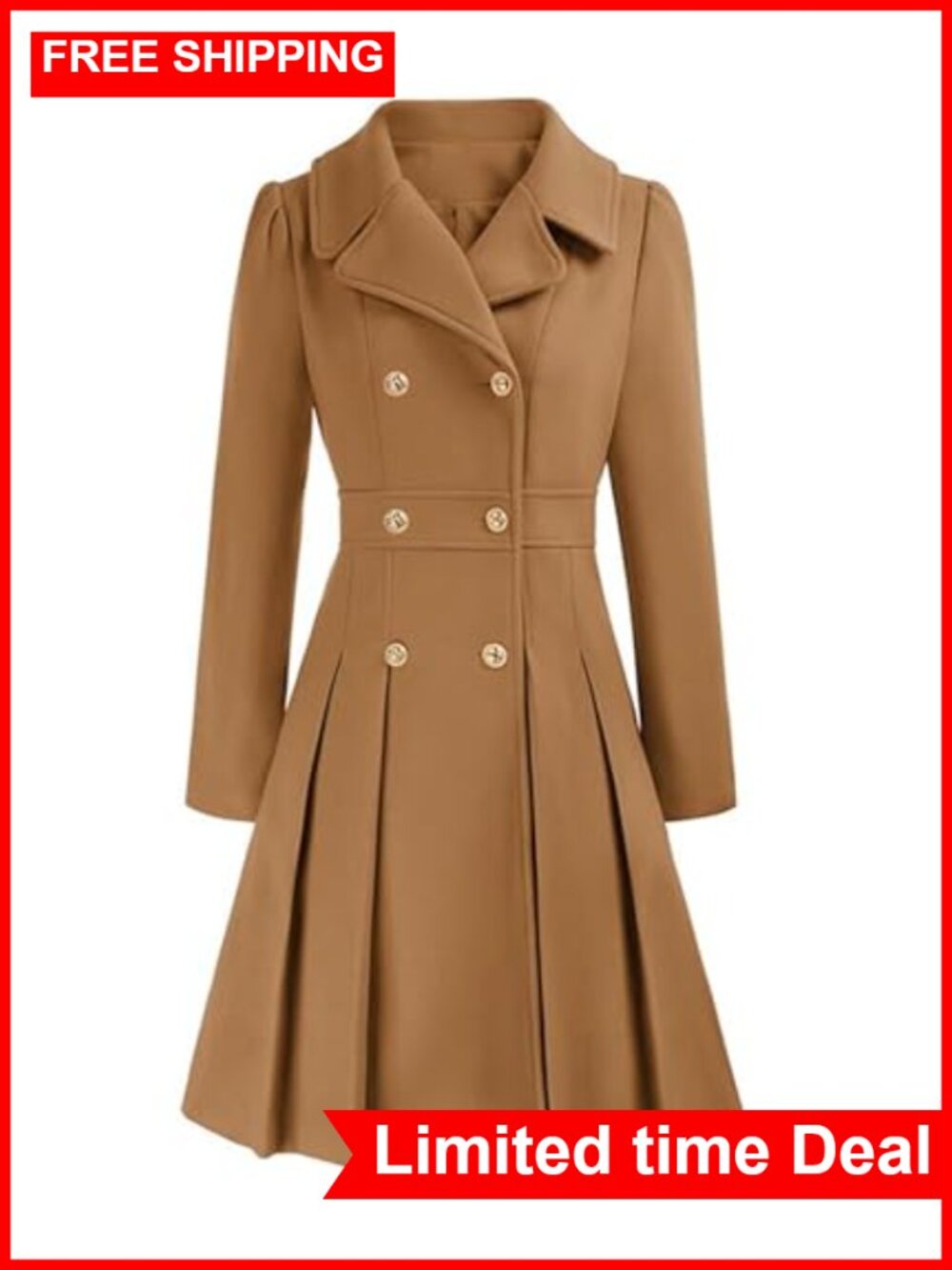 Women's Double Breasted Pleated Wool Blend Pea Coat Notch Lapel Midi
